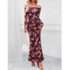MEROKEETY Women’s Fall Off Shoulder Floral Maxi Dresses Formal Long Sleeve Bodycon Cocktail Wedding Guest Dress(Coffee)