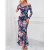 MEROKEETY Women’s Fall Off Shoulder Floral Maxi Dresses Formal Long Sleeve Bodycon Cocktail Wedding Guest Dress(Dark Blue)