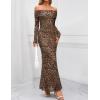 MEROKEETY Women’s Fall Off Shoulder Floral Maxi Dresses Formal Long Sleeve Bodycon Cocktail Wedding Guest Dress(Leopard)