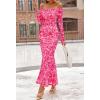 MEROKEETY Women’s Fall Off Shoulder Floral Maxi Dresses Formal Long Sleeve Bodycon Cocktail Wedding Guest Dress(Pink)
