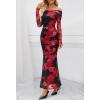 MEROKEETY Women’s Fall Off Shoulder Floral Maxi Dresses Formal Long Sleeve Bodycon Cocktail Wedding Guest Dress(Wine)
