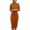 MEROKEETY Women’s Long Sleeve Sweater Dress 2025 High Neck Slim Fit Ribbed Knit Midi Winter Dresses(Brown)