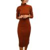 MEROKEETY Women’s Long Sleeve Sweater Dress 2025 High Neck Slim Fit Ribbed Knit Midi Winter Dresses(Caramel)