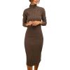 MEROKEETY Women’s Long Sleeve Sweater Dress 2025 High Neck Slim Fit Ribbed Knit Midi Winter Dresses(Coffee)