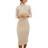 MEROKEETY Women’s Long Sleeve Sweater Dress 2025 High Neck Slim Fit Ribbed Knit Midi Winter Dresses(Khaki)