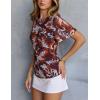 MEROKEETY Women’s Mesh Floral Tops Summer 2026 Ruched Ruffle Short Sleeve Crew Neck Trendy Going Out Blouse(Brown)