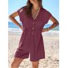 MEROKEETY Womens Romper Summer 2026 Casual Cap Sleeve V neck Button Short Jumpsuit Beach Vacation Outfits with Pockets(Wine)