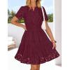 MEROKEETY Women’s Spring Summer Lace Boho Dress 2026 Short Sleeve Eyelet Floral Ruffle A Line Vacation Beach Mini Dresses(Wine)