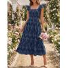 MEROKEETY Women’s Summer Boho Midi Dress 2026 Casual Floral Square Neck Sleeveless Smocked Flowy Ruffle Beach Long Dresses(Navy)