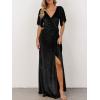 MEROKEETY Women’s V Neck Wrap Velvet Maxi Wedding Guest Dress Bell Sleeve Split Bridesmaid Cocktail Party Formal Dresses(Black)