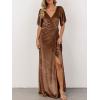MEROKEETY Women’s V Neck Wrap Velvet Maxi Wedding Guest Dress Bell Sleeve Split Bridesmaid Cocktail Party Formal Dresses(Brown)