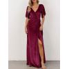 MEROKEETY Women’s V Neck Wrap Velvet Maxi Wedding Guest Dress Bell Sleeve Split Bridesmaid Cocktail Party Formal Dresses(Burgundy)