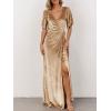 MEROKEETY Women’s V Neck Wrap Velvet Maxi Wedding Guest Dress Bell Sleeve Split Bridesmaid Cocktail Party Formal Dresses(Champagne)