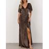 MEROKEETY Women’s V Neck Wrap Velvet Maxi Wedding Guest Dress Bell Sleeve Split Bridesmaid Cocktail Party Formal Dresses(Coffee)