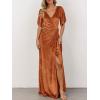 MEROKEETY Women’s V Neck Wrap Velvet Maxi Wedding Guest Dress Bell Sleeve Split Bridesmaid Cocktail Party Formal Dresses(Earthyorange)
