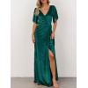 MEROKEETY Women’s V Neck Wrap Velvet Maxi Wedding Guest Dress Bell Sleeve Split Bridesmaid Cocktail Party Formal Dresses(Emeraldgreen)