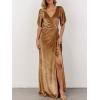MEROKEETY Women’s V Neck Wrap Velvet Maxi Wedding Guest Dress Bell Sleeve Split Bridesmaid Cocktail Party Formal Dresses(Golden)