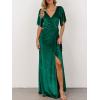 MEROKEETY Women’s V Neck Wrap Velvet Maxi Wedding Guest Dress Bell Sleeve Split Bridesmaid Cocktail Party Formal Dresses(Green)