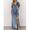 MEROKEETY Women’s V Neck Wrap Velvet Maxi Wedding Guest Dress Bell Sleeve Split Bridesmaid Cocktail Party Formal Dresses(Haze Blue)
