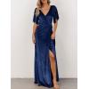MEROKEETY Women’s V Neck Wrap Velvet Maxi Wedding Guest Dress Bell Sleeve Split Bridesmaid Cocktail Party Formal Dresses(Navy)