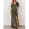 MEROKEETY Women’s V Neck Wrap Velvet Maxi Wedding Guest Dress Bell Sleeve Split Bridesmaid Cocktail Party Formal Dresses(Olive)