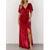 MEROKEETY Women’s V Neck Wrap Velvet Maxi Wedding Guest Dress Bell Sleeve Split Bridesmaid Cocktail Party Formal Dresses(Red)