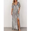 MEROKEETY Women’s V Neck Wrap Velvet Maxi Wedding Guest Dress Bell Sleeve Split Bridesmaid Cocktail Party Formal Dresses(Silvery)