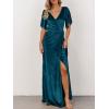 MEROKEETY Women’s V Neck Wrap Velvet Maxi Wedding Guest Dress Bell Sleeve Split Bridesmaid Cocktail Party Formal Dresses(Teal)