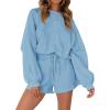 MEROKEETY 2026 Spring Lounge Sets for Women Oversized Batwing Sleeve Casual Top and Shorts 2 Piece Outfits Sweat Set(Light Blue)
