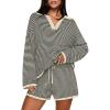 MEROKEETY Lounge Sweater Sets for Women 2 Piece Outfits Casual Long Sleeve Striped Tops Shorts Matching Set(Blackbeige)