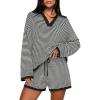 MEROKEETY Lounge Sweater Sets for Women 2 Piece Outfits Casual Long Sleeve Striped Tops Shorts Matching Set(Blackwhite)