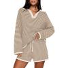 MEROKEETY Lounge Sweater Sets for Women 2 Piece Outfits Casual Long Sleeve Striped Tops Shorts Matching Set(Brownwhite)