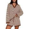 MEROKEETY Lounge Sweater Sets for Women 2 Piece Outfits Casual Long Sleeve Striped Tops Shorts Matching Set(Caramelwhite)