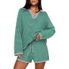 MEROKEETY Lounge Sweater Sets for Women 2 Piece Outfits Casual Long Sleeve Striped Tops Shorts Matching Set(Greengrey)