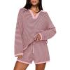 MEROKEETY Lounge Sweater Sets for Women 2 Piece Outfits Casual Long Sleeve Striped Tops Shorts Matching Set(Pink)