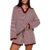 MEROKEETY Lounge Sweater Sets for Women 2 Piece Outfits Casual Long Sleeve Striped Tops Shorts Matching Set(Wine)