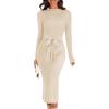 MEROKEETY Women’s 2026 Long Sleeve Midi Sweater Dress Fall Winter Spring Mock Neck Contrast Tie Waist Bodycon Knit Dresses(Apricot)
