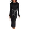 MEROKEETY Women’s 2026 Long Sleeve Midi Sweater Dress Fall Winter Spring Mock Neck Contrast Tie Waist Bodycon Knit Dresses(Black)
