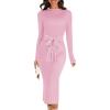 MEROKEETY Women’s 2026 Long Sleeve Midi Sweater Dress Fall Winter Spring Mock Neck Contrast Tie Waist Bodycon Knit Dresses(Lightpink)
