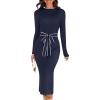 MEROKEETY Women’s 2026 Long Sleeve Midi Sweater Dress Fall Winter Spring Mock Neck Contrast Tie Waist Bodycon Knit Dresses(Navy)