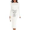 MEROKEETY Women’s 2026 Long Sleeve Midi Sweater Dress Fall Winter Spring Mock Neck Contrast Tie Waist Bodycon Knit Dresses(White)