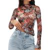MEROKEETY Womens 2026 Mesh Sheer Lace Long Sleeve Top Sexy Y2k Mock Neck See Through Shirt Blouses(Multicolor)