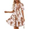 MEROKEETY Women’s 2026 Spring Summer Floral Dress V Neck Short Sleeve Button A Line Boho Beach Flowy Vacation Dresses(Khaki)