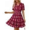 MEROKEETY Women’s 2026 Spring Summer Floral Dress V Neck Short Sleeve Button A Line Boho Beach Flowy Vacation Dresses(Wine)