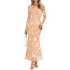 MEROKEETY Women’s 2026 Spring Wedding Guest Maxi Dress Long Sleeve Bodycon Floral Mesh Fall Cocktail Formal Party Dresses(Apricot)
