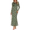 MEROKEETY Women’s 2026 Spring Wedding Guest Maxi Dress Long Sleeve Bodycon Floral Mesh Fall Cocktail Formal Party Dresses(Armygreen)