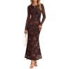 MEROKEETY Women’s 2026 Spring Wedding Guest Maxi Dress Long Sleeve Bodycon Floral Mesh Fall Cocktail Formal Party Dresses(Brown)