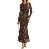 MEROKEETY Women’s 2026 Spring Wedding Guest Maxi Dress Long Sleeve Bodycon Floral Mesh Fall Cocktail Formal Party Dresses(Browngold)