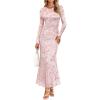 MEROKEETY Women’s 2026 Spring Wedding Guest Maxi Dress Long Sleeve Bodycon Floral Mesh Fall Cocktail Formal Party Dresses(Pink)