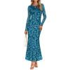 MEROKEETY Women’s 2026 Spring Wedding Guest Maxi Dress Long Sleeve Bodycon Floral Mesh Fall Cocktail Formal Party Dresses(Teal)